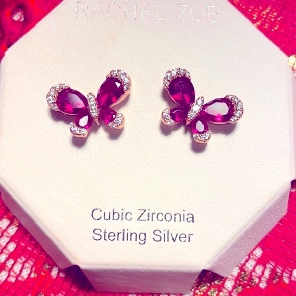 Brand New Rachel Zoe Sterling Silver Magenta Butterfly Post Earrings - Picture 7 of 12